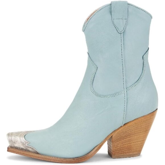 Women's Blue Faux Leather Steel Toe Side Zipper Block Heel Western Ankle Boots - Picture 1 of 6